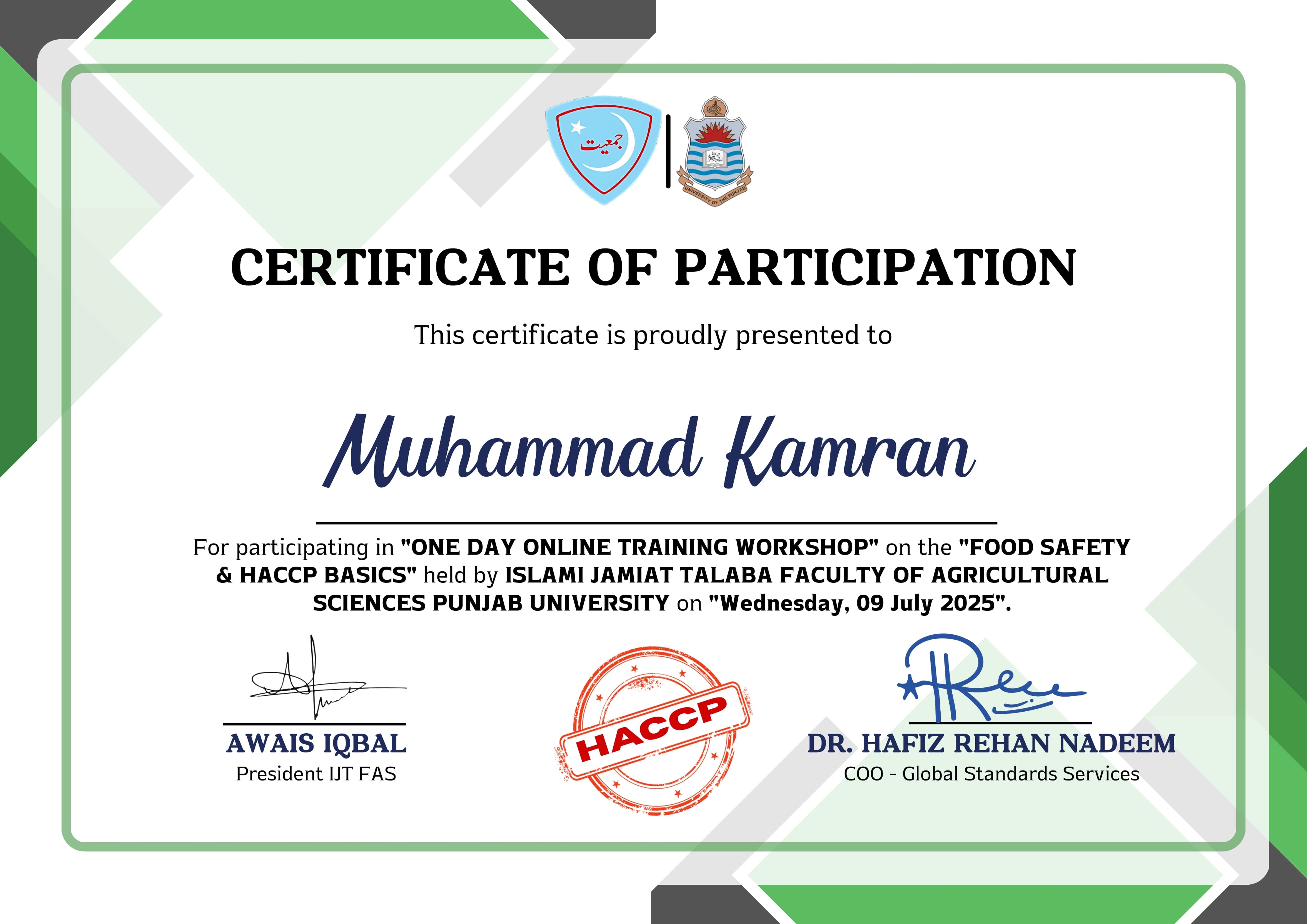 HACCP Food Safety Certificate